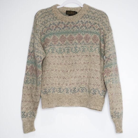 Eddie Bauer Vintage Sweater Size Large‎ Wool Blend Crewneck Beige Pastel Print - Picture 1 of 5